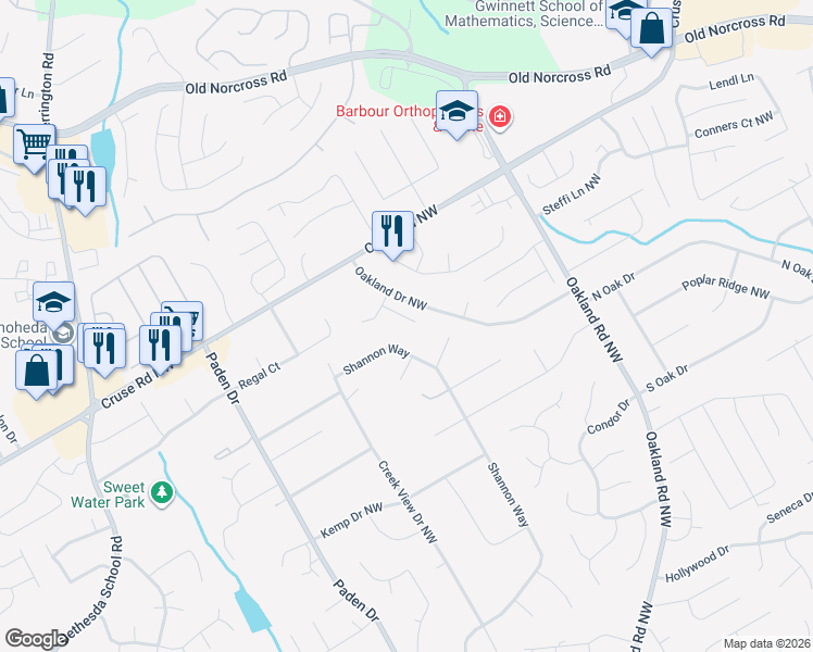 map of restaurants, bars, coffee shops, grocery stores, and more near 786 Oakland Falls Court in Lawrenceville