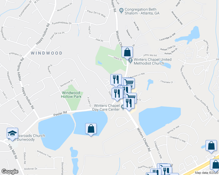 map of restaurants, bars, coffee shops, grocery stores, and more near 3065 Thornbury Trace in Dunwoody