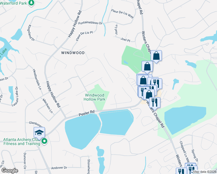 map of restaurants, bars, coffee shops, grocery stores, and more near 5215 Lakeside Drive in Atlanta