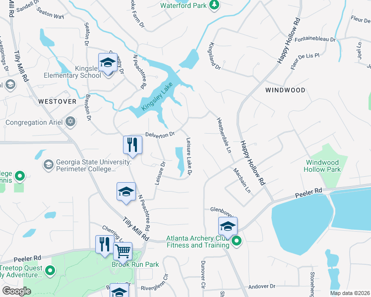 map of restaurants, bars, coffee shops, grocery stores, and more near 2420 Leisure Lake Drive in Dunwoody