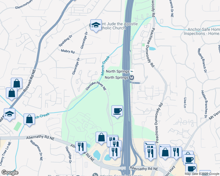 map of restaurants, bars, coffee shops, grocery stores, and more near 55 Glenlake Parkway Northeast in Sandy Springs
