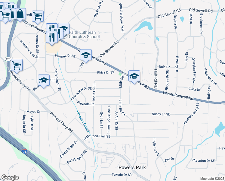 map of restaurants, bars, coffee shops, grocery stores, and more near 2349 Clearwater Drive Southeast in Marietta