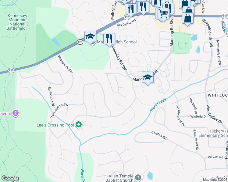 map of restaurants, bars, coffee shops, grocery stores, and more near 429 Rockford Pass Southwest in Marietta