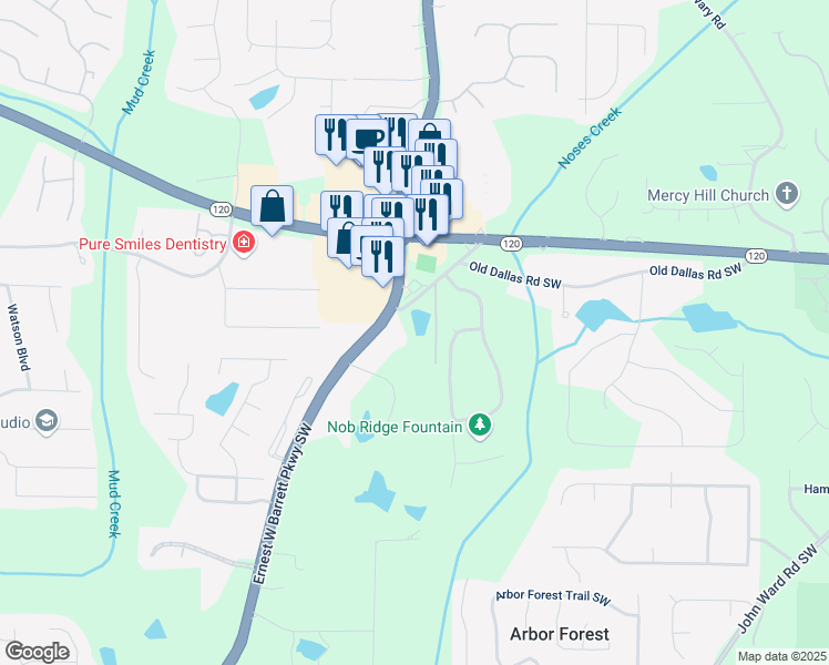 map of restaurants, bars, coffee shops, grocery stores, and more near 3561 Ernest W Barrett Parkway Northwest in Marietta