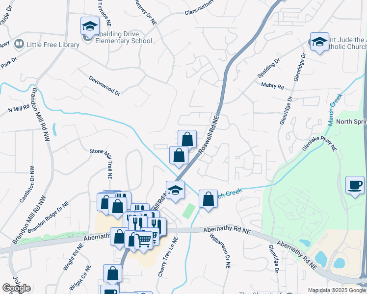 map of restaurants, bars, coffee shops, grocery stores, and more near 6900 Roswell Road Northeast in Atlanta
