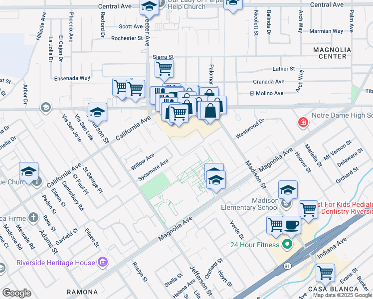 map of restaurants, bars, coffee shops, grocery stores, and more near 7600 Ambergate Place in Riverside