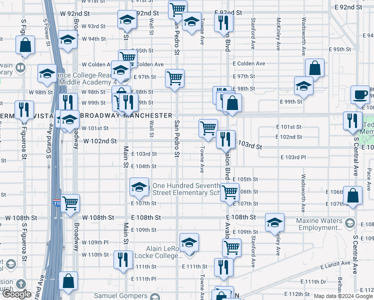 map of restaurants, bars, coffee shops, grocery stores, and more near 323 East 103rd Street in Los Angeles