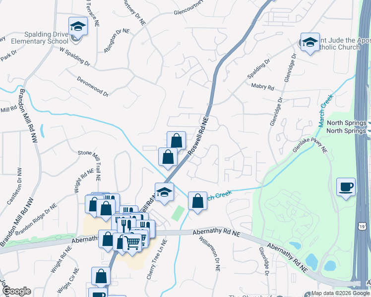 map of restaurants, bars, coffee shops, grocery stores, and more near 6940 Roswell Road in Sandy Springs