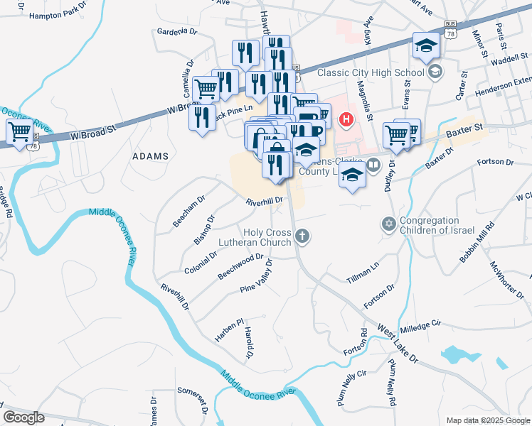 map of restaurants, bars, coffee shops, grocery stores, and more near 20 Pine Valley Drive in Athens