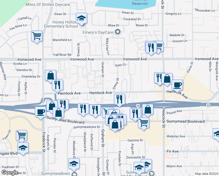 map of restaurants, bars, coffee shops, grocery stores, and more near 23542 Hemlock Avenue in Moreno Valley