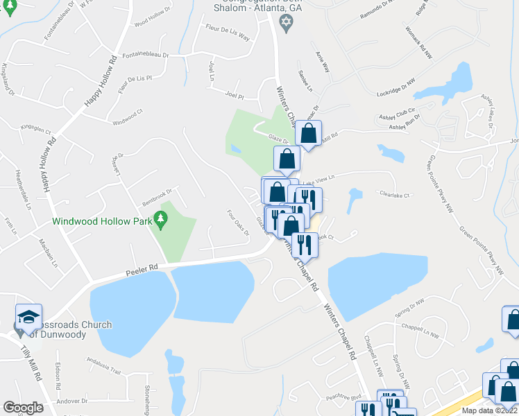 map of restaurants, bars, coffee shops, grocery stores, and more near 3065 Thornbury Trace in Dunwoody
