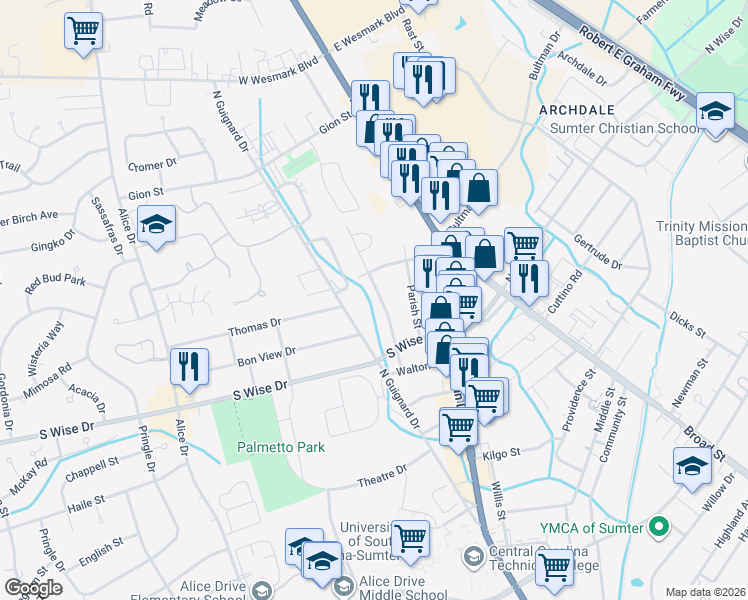 map of restaurants, bars, coffee shops, grocery stores, and more near 38 Thelma Street in Sumter