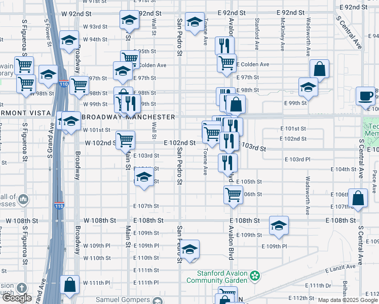 map of restaurants, bars, coffee shops, grocery stores, and more near 323 East 103rd Street in Los Angeles