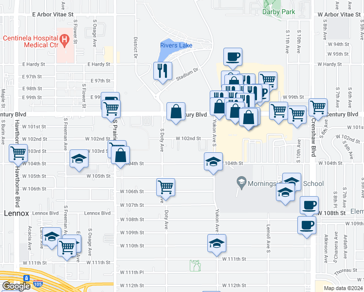 map of restaurants, bars, coffee shops, grocery stores, and more near 3714 West 102nd Street in Inglewood