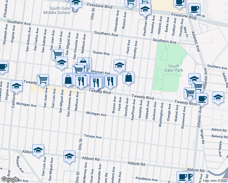 map of restaurants, bars, coffee shops, grocery stores, and more near in South Gate