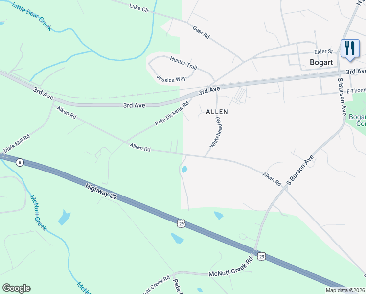 map of restaurants, bars, coffee shops, grocery stores, and more near 1320 Aiken Rd in Bogart