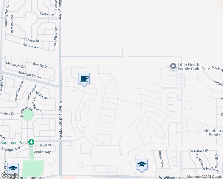 map of restaurants, bars, coffee shops, grocery stores, and more near Hillside Place in Banning