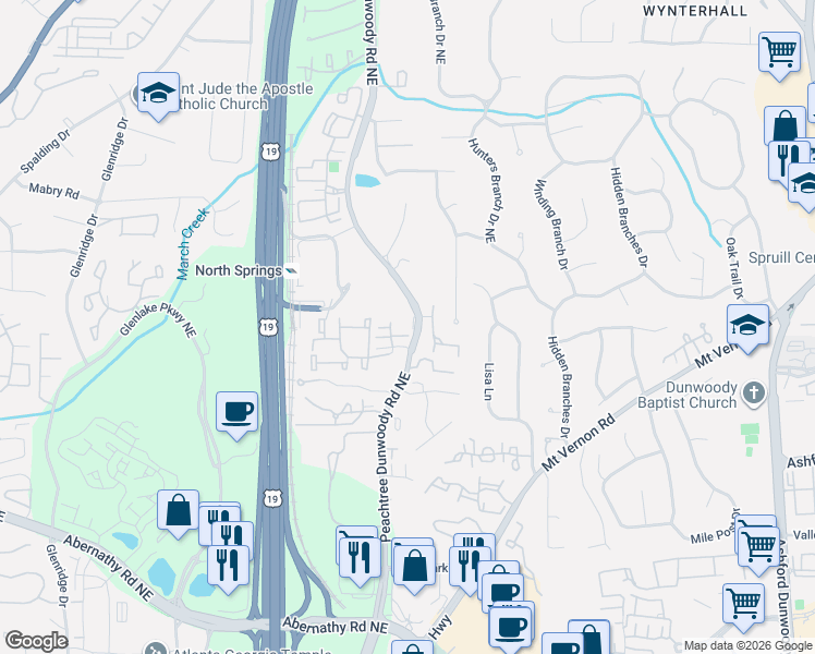 map of restaurants, bars, coffee shops, grocery stores, and more near 6890 Peachtree Dunwoody Road in Atlanta