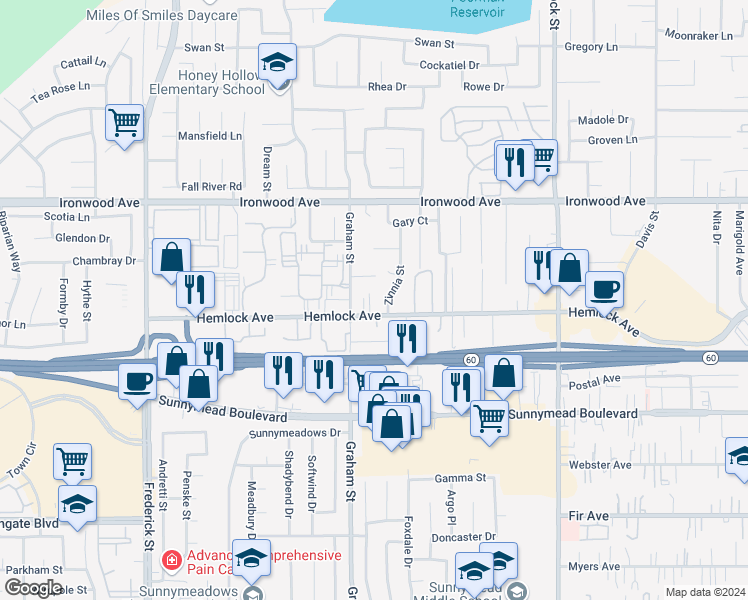 map of restaurants, bars, coffee shops, grocery stores, and more near 23542 Hemlock Avenue in Moreno Valley