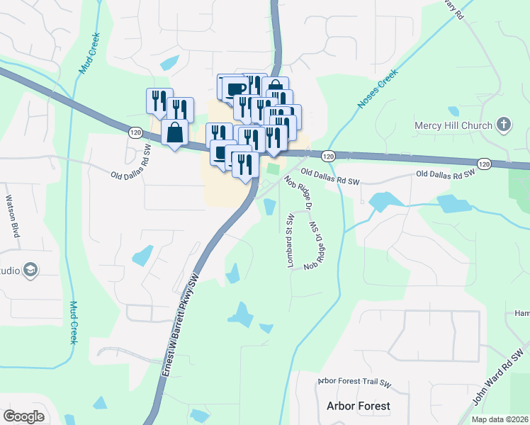map of restaurants, bars, coffee shops, grocery stores, and more near 415 Villa Rica Way Southwest in Marietta