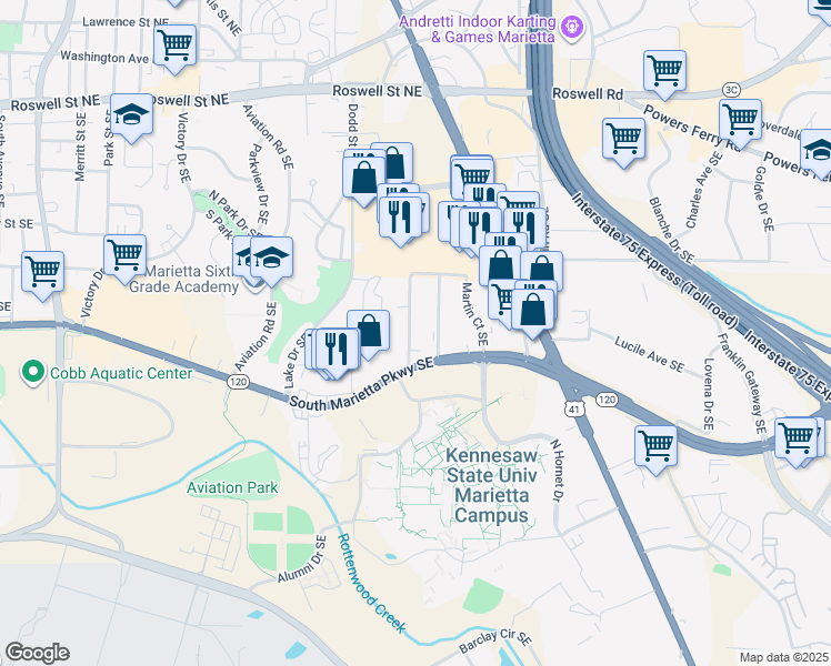 map of restaurants, bars, coffee shops, grocery stores, and more near 393 Lockheed Avenue Southeast in Marietta