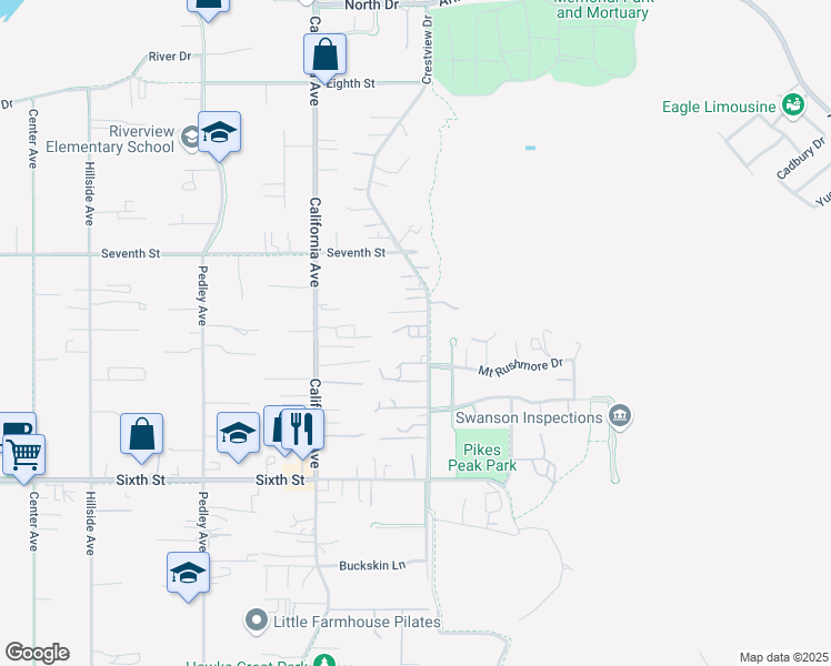 map of restaurants, bars, coffee shops, grocery stores, and more near 4210 Crestview Drive in Norco