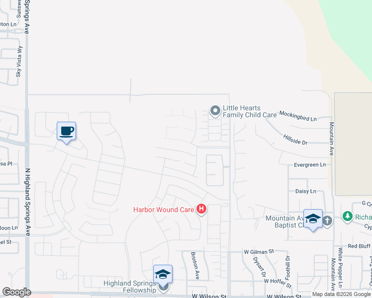 map of restaurants, bars, coffee shops, grocery stores, and more near 5155 Douglas Avenue in Banning