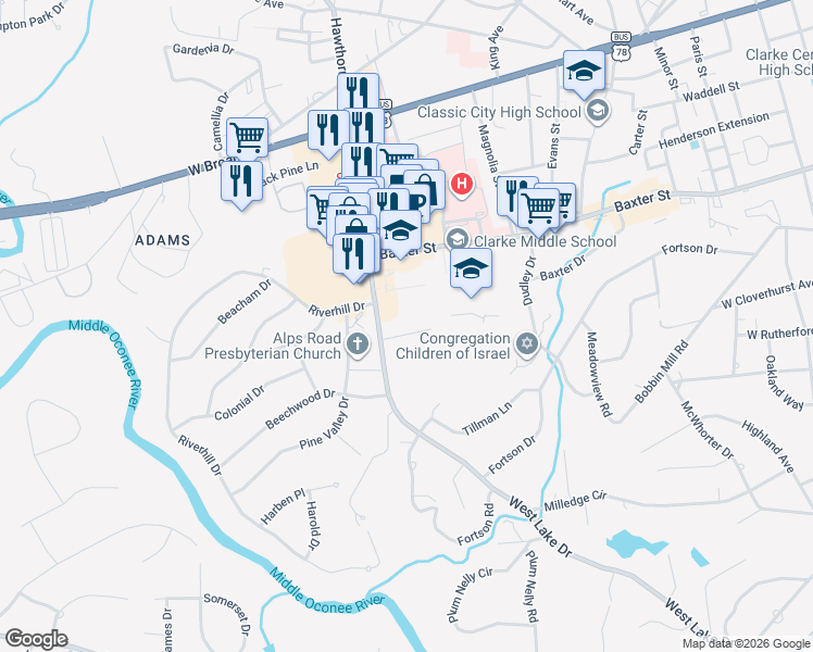 map of restaurants, bars, coffee shops, grocery stores, and more near 104 Alpine Way in Athens