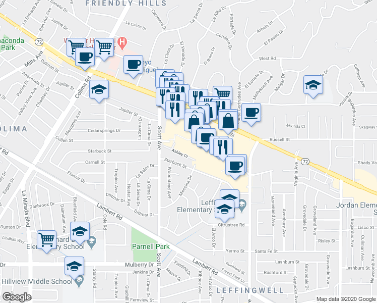 map of restaurants, bars, coffee shops, grocery stores, and more near 15405 Ashley Court in Whittier