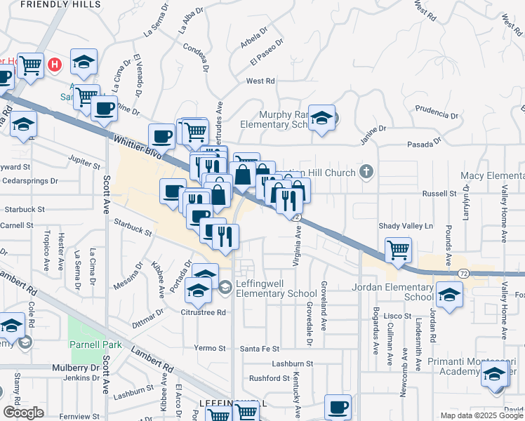 map of restaurants, bars, coffee shops, grocery stores, and more near 15826 Whittier Boulevard in Whittier