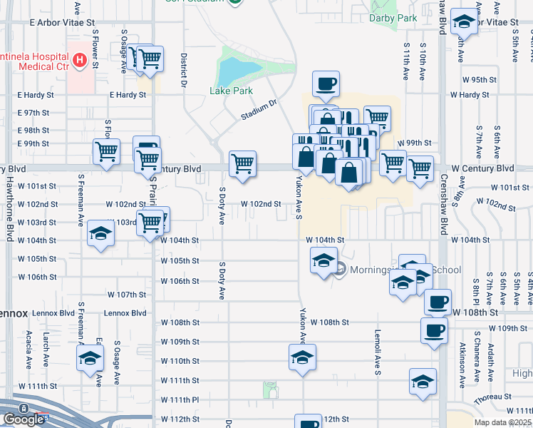 map of restaurants, bars, coffee shops, grocery stores, and more near 3660 West 102nd Street in Inglewood