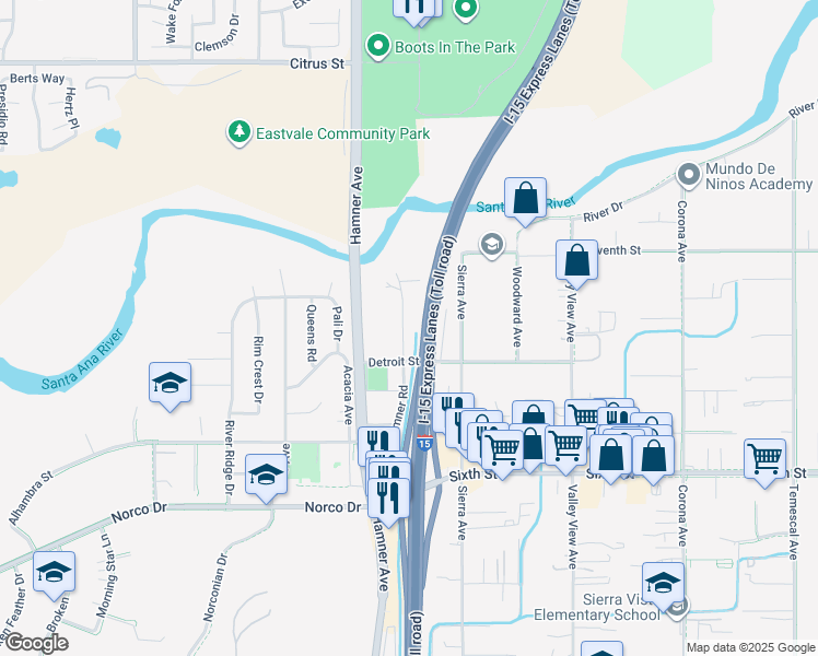 map of restaurants, bars, coffee shops, grocery stores, and more near 4269 Old Hamner Road in Norco