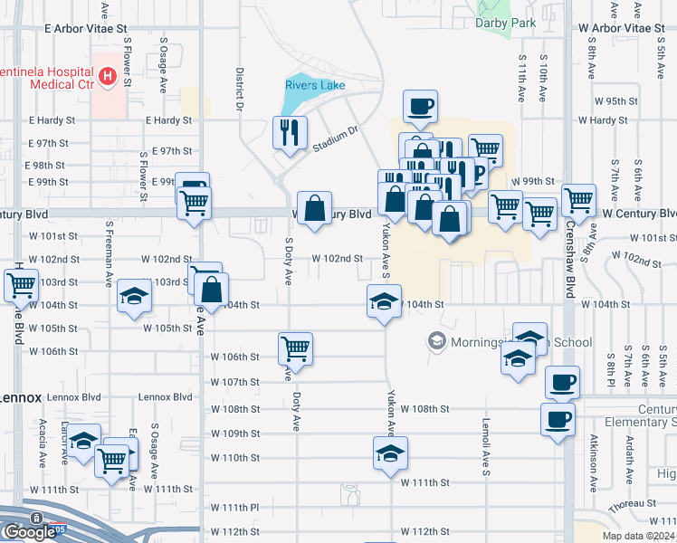 map of restaurants, bars, coffee shops, grocery stores, and more near 3668 West 102nd Street in Inglewood