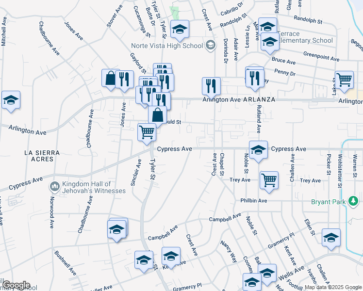 map of restaurants, bars, coffee shops, grocery stores, and more near 10155 Cypress Avenue in Riverside