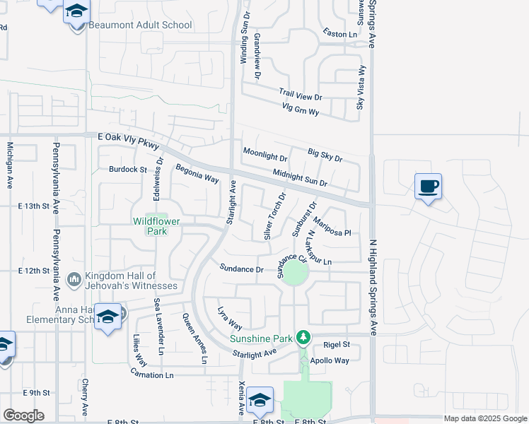 map of restaurants, bars, coffee shops, grocery stores, and more near 1521 Sunflower Court in Beaumont