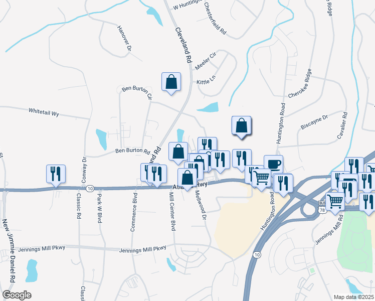 map of restaurants, bars, coffee shops, grocery stores, and more near 310 Logmont Trace in Athens