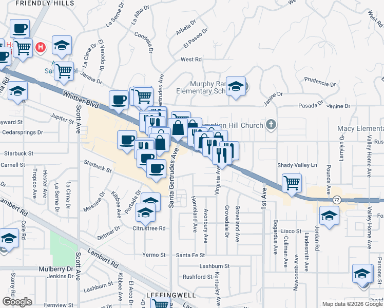 map of restaurants, bars, coffee shops, grocery stores, and more near 15826 Whittier Boulevard in Whittier