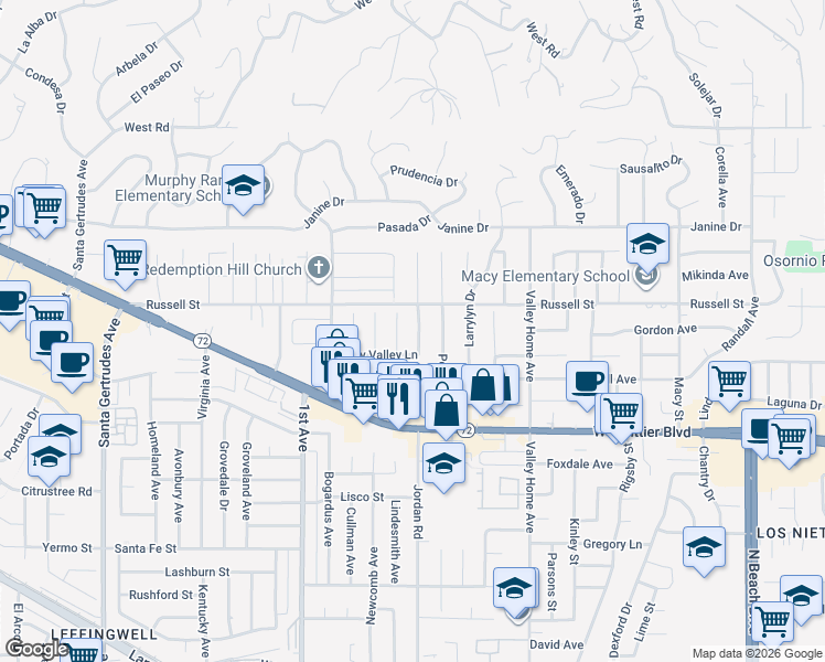 map of restaurants, bars, coffee shops, grocery stores, and more near 10311 Tigrina Avenue in Whittier