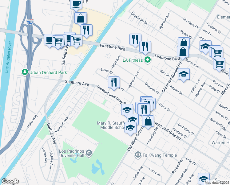 map of restaurants, bars, coffee shops, grocery stores, and more near 7160 De Palma Street in Downey