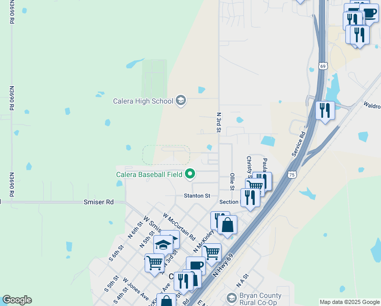 map of restaurants, bars, coffee shops, grocery stores, and more near Donell Drive in Calera