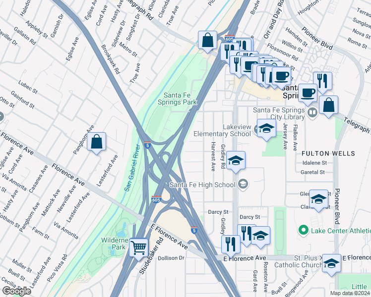 map of restaurants, bars, coffee shops, grocery stores, and more near 11131 Dunning Street in Santa Fe Springs