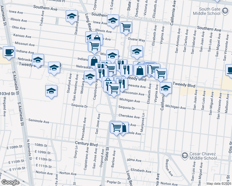 map of restaurants, bars, coffee shops, grocery stores, and more near 10115 State Street in Lynwood