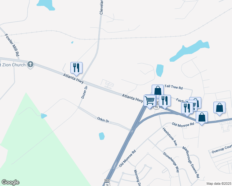 map of restaurants, bars, coffee shops, grocery stores, and more near 5030 Atlanta Highway in Bogart