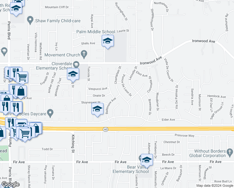 map of restaurants, bars, coffee shops, grocery stores, and more near 12221 Champlain Street in Moreno Valley