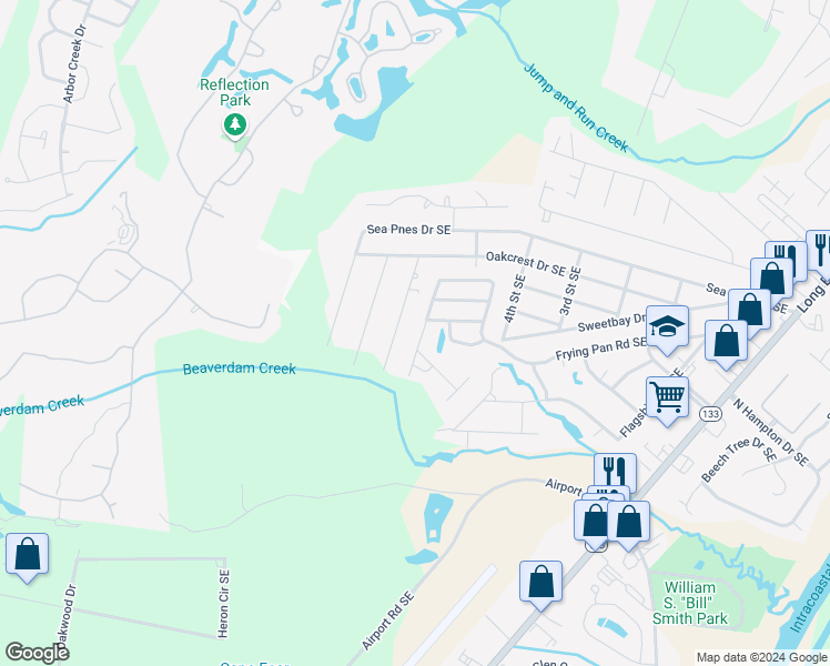 map of restaurants, bars, coffee shops, grocery stores, and more near 4224 Cherry Laurel Lane Southeast in Southport