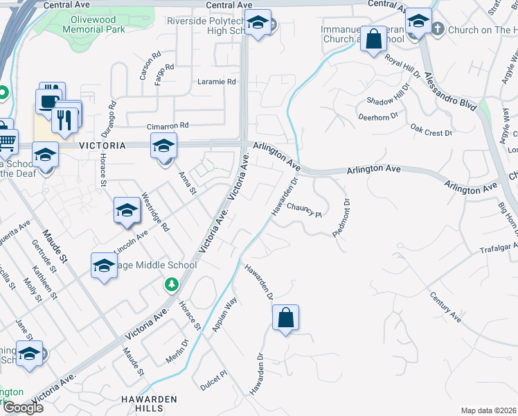 map of restaurants, bars, coffee shops, grocery stores, and more near 5947 Copperfield Avenue in Riverside