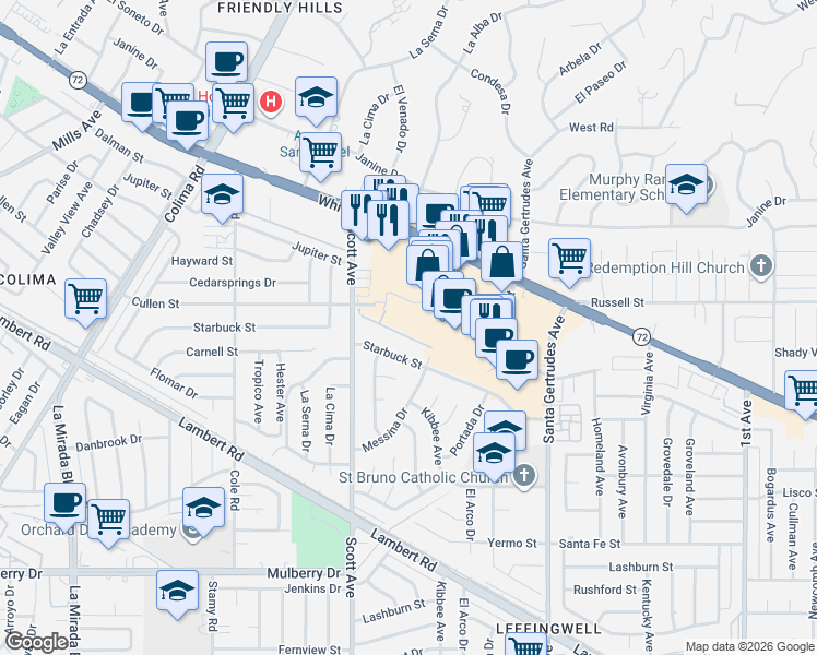 map of restaurants, bars, coffee shops, grocery stores, and more near 15359 Ashley Court in Whittier