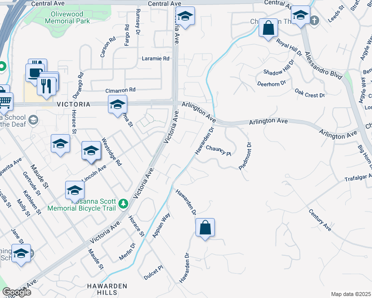 map of restaurants, bars, coffee shops, grocery stores, and more near 5979 Copperfield Avenue in Riverside