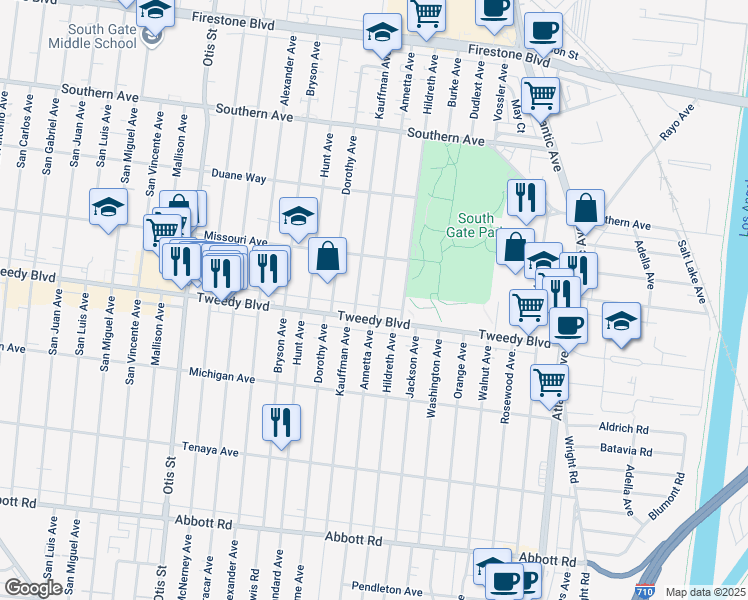 map of restaurants, bars, coffee shops, grocery stores, and more near 9807 Annetta Avenue in South Gate