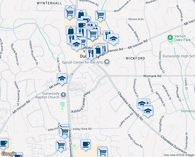 map of restaurants, bars, coffee shops, grocery stores, and more near 1302 Village Terrace Court in Dunwoody